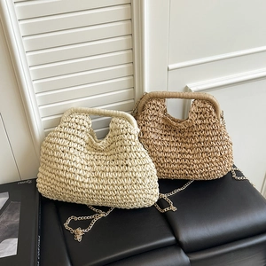 Women Straw Woven Handbag Summer Beach Dumpling Crossbody Bag Solid Color Metal Chain Detachable Strap Retro Style