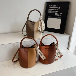 Fashion Women Bucket Bag PU Leather Lychee Pattern Contrast Color Handbag Crossbody With Scarf Decoration