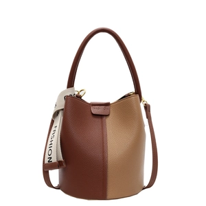 Two-tone brown litchi pattern leather bucket bag with top handle and shoulder strap
