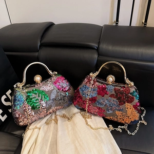 Vintage Sequin Evening Bag With Metal Artificial Pearl Handle Floral Embroidered Hard Shell Clutch Crossbody For Women Party