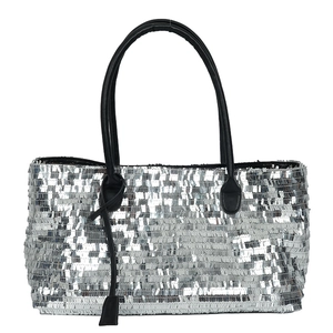Chic silver sequin tote bag for women with black leather handles and modern rectangular shape