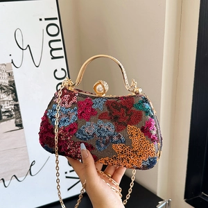 Colorful sequin evening clutch bag with embroidery flowers and gold metal handle