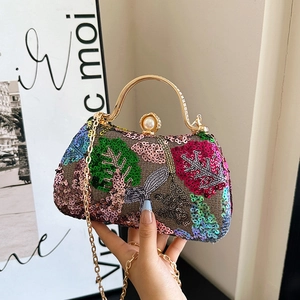 Floral sequin evening clutch with gold metal handle and pearl clasp detail