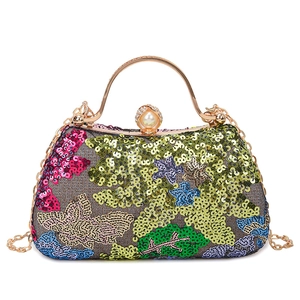 Colorful sequin evening box bag with golden metal handle and pearl clasp detail