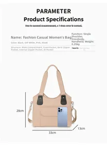 Diagramme détaillé montrant les dimensions du sac beige et sa structure multi-poches