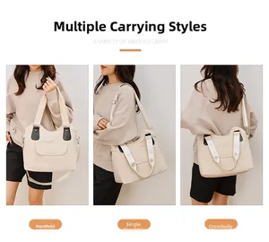 Vues détaillées du sac en toile beige montrant les styles à main, épaule et bandoulière