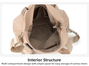 Vue intérieure du sac beige avec doublure rayée noir et blanc et compartiments multiples