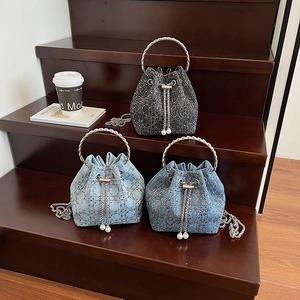 Sac Seau En Jean Pour Femmes Treillis De Strass Poignée Anneau Métal Cordon Künstliche Perle Sac À Main Bandoulière Mode Élégant