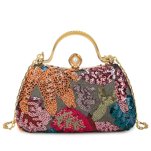 Colorful sequin evening clutch bag with embroidery, gold top handle, and pearl clasp