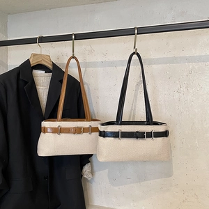 Sac À Épaule En Toile Tissée Rétro Avec Garniture En Cuir Synthétique Boucle Métallique Sac Fourre-Tout Pour Femmes