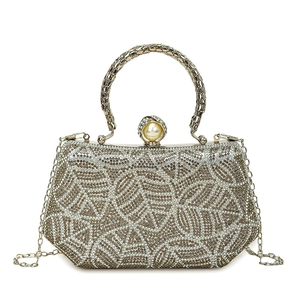 Elegant rhinestone evening clutch bag with pearl clasp and metal chain handle