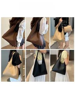 Collage of model showcasing large hobo tote bags in brown, beige, and black for daily wear