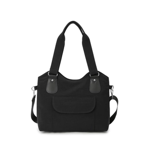 Grand sac cabas noir en toile pour femme avec bandoulière et poche frontale à rabat