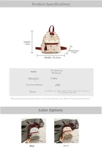 Detail of mini PU backpack showing red bow print patterns and precise dimensions