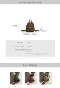 Detailed specs of quilted mini backpack showing dimensions and three color options