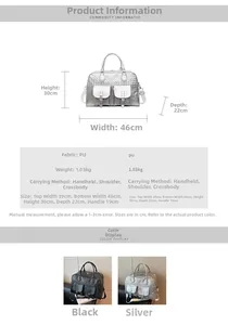 Detailed view of large PU leather commute bag with dual pockets and size specifications