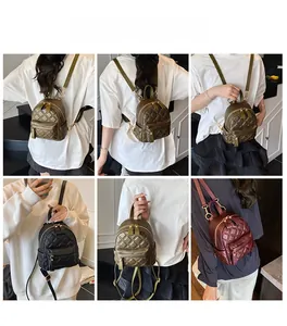 Three mini quilted leather backpacks in olive, black, and wine red shown on models