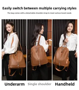 Brown soft leather backpack showing three ways to wear: underarm, single shoulder and handheld