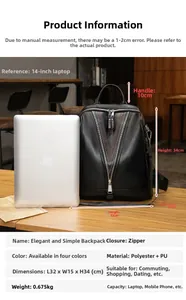 Detail view of black PU leather backpack showing V-zipper design and 14-inch laptop capacity