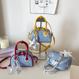 Mini Sac Boston Pour Femmes Denim Tissu Bordure En Similicuir PU Sac À Main Bandoulière Pendentif Étoile Y2K