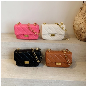 Diamond quilted chain crossbody bags in pink, white, black, and caramel leather
