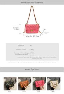 Detailed size specifications for quilted chain crossbody bag with four color options