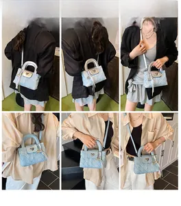 Model lifestyle shots showing a light blue quilted crossbody bag with heart lock and tassel