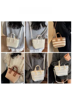 Detail shots of hand-woven bucket bag with adjustable straps in various colors