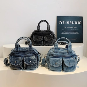 Retro Denim Shoulder Bag Washed Multi Pocket Cargo Style Crossbody Handbag For Women Vintage Casual Fashion