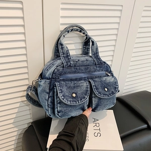 Retro denim crossbody small square bag with color-block stitching and multiple pockets