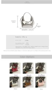 Size guide and detailed specifications for the crescent moon shoulder bag in six colors
