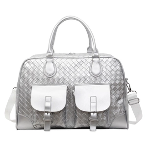 Silver woven shoulder bag with large capacity and double front flap pockets