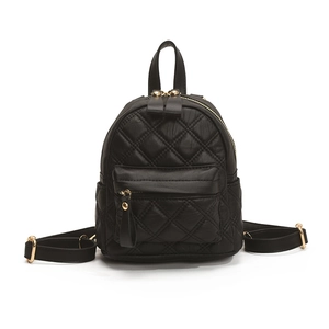 Mini black quilted leather backpack for women with classic diamond pattern and gold hardware