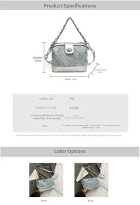 Detailed size chart and multi-color crossbody bag options with metal chain handle