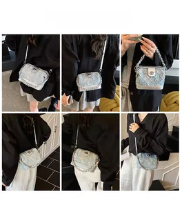 Quilted denim chain bag worn as crossbody and shoulder purse in multiple model views