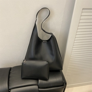 Minimalist black faux leather large hobo tote bag and small zipper pouch set for women
