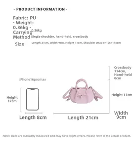 Pink PU crossbody bag size comparison with iPhone 16 Pro Max showing dimensions