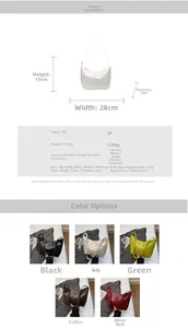 Detailed size specifications and five color variants of the rivet PU leather shoulder bag