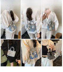Six views of a star-pendant denim crossbody bucket bag shown on a model in various poses