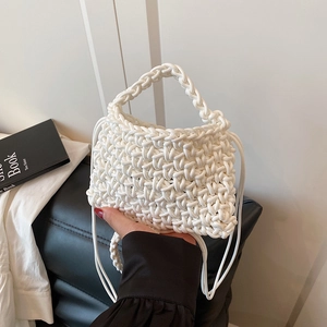 Mini sac bandoulière blanc tissé main en corde de coton avec cordon de serrage