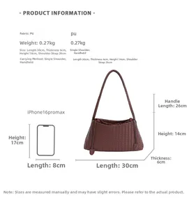 Size guide for brown woven shoulder bag showing 30cm length vs iPhone 16 Pro Max