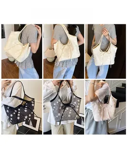Floral canvas tote bags in four colors with 3D white flowers and bow detail