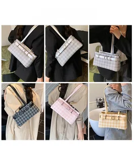 Detailed views of checkered baguette bag in grey black pink and yellow color variants
