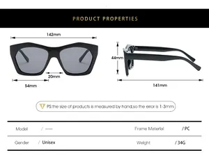 Detailed size chart for retro polygon sunglasses showing dimensions and PC frame material