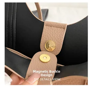 Macro detail of high-quality magnetic closure on a textured leather tote bag
