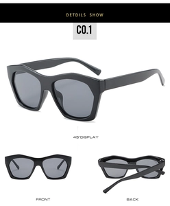 Detailed views of black oversized geometric sunglasses with thick hexagonal frames