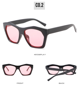 Three-angle views of retro polygonal black frame sunglasses with pink tinted lenses