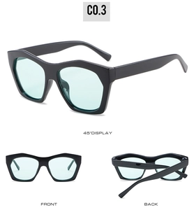 Three perspectives of geometric polygon sunglasses with black frames and mint green lenses