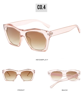 Multiple views of retro polygon sunglasses with transparent pink frame and gradient lens