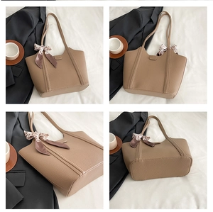 Detailed views of khaki pebbled leather tote bag with stylish leopard print scarf detail